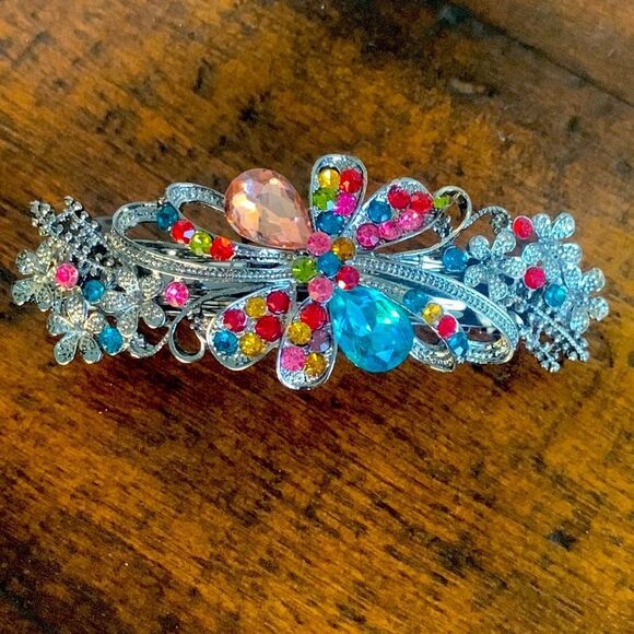 Jeweled Rainbow French Barrette – Crystal Flower Design - Picture 7 of 8